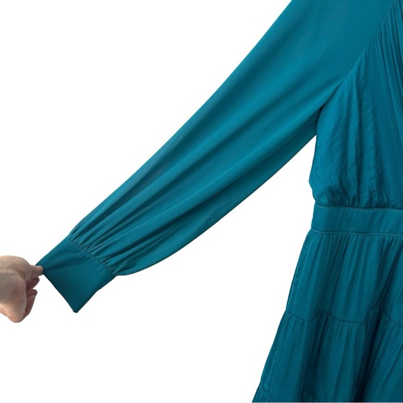 NAKED ZEBRA Teal Blue Faux Wrap Front Tiered Sheer Sleeve Mini Dress Size Medium - Picture 3 of 10